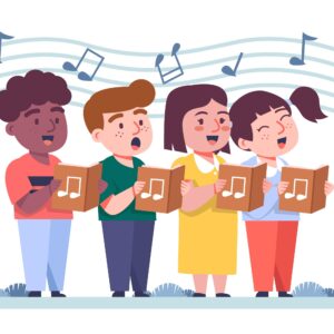 4 persons singing from open books with music nots floating above the persons